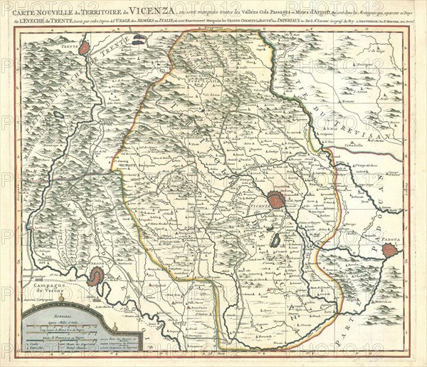 Map, Carte nouvelle du territoire de Vicenza, où sont marquées toutes les vallées, cols, passages et mines d'argent, qui sont dans les montagnes qui separent ce pays de l'éveché de Trente, Guillaume Sanson (-1703), Copperplate print