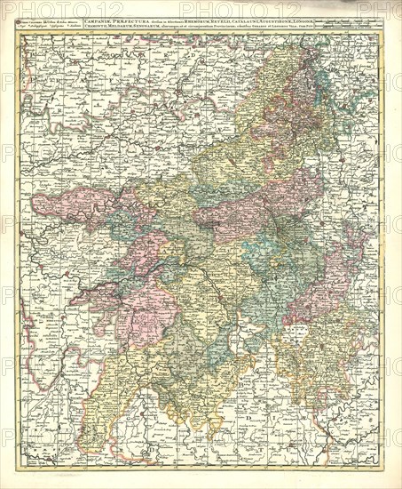 Map, Campaniae praefectura divisum in electiones Rhemorum, Retelii, Catalauni, Augustibonae, Longonae, Chamontii, Meldarum, Senonarum, aliarumque, ut et circumjacentium provinciarum, Copperplate print