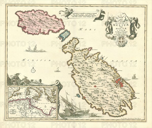 Map, Insularum Melitæ vulgo Maltæ et Gozæ novissima delineatio, Nicolaes Jansz. Visscher (1618-1679), Copperplate print
