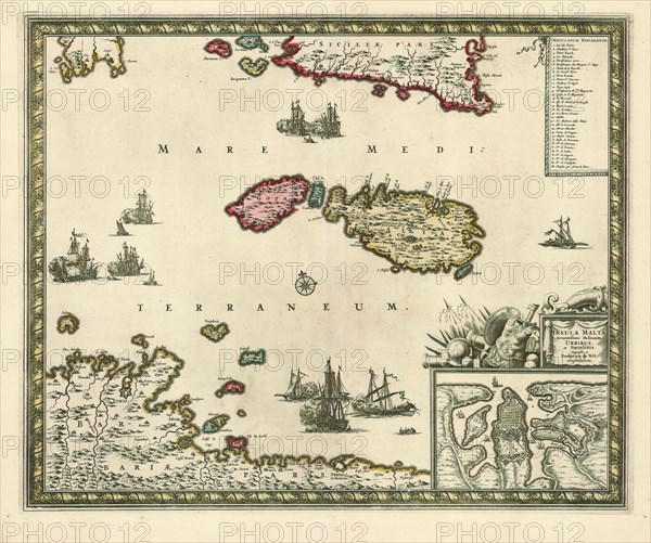 Map, Insula Malta, Frederick de Wit (1610-1698), Copperplate print