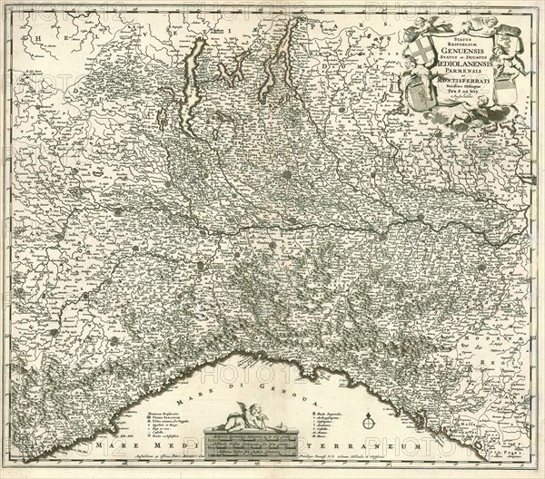 Map, Status reipublicae Genuensis status et ducatus Mediolanensis Parmensis et Montisferrati novissima descriptio, Frederick de Wit (1630-1706), Copperplate print
