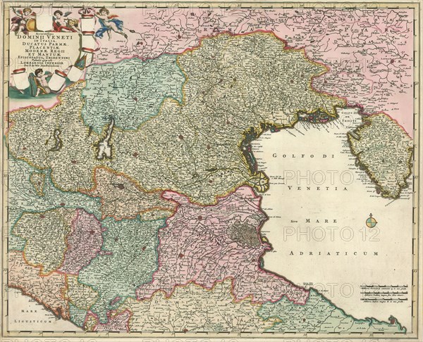 Map, Accuratissima dominii Veneti in Italia, ducatus Parmae, Placentiae Modenae regii et Mantuae episcopatusq. Tridentini tabula quae est Lombardia Inferior, Frederick de Wit (1630-1706), Copperplate print