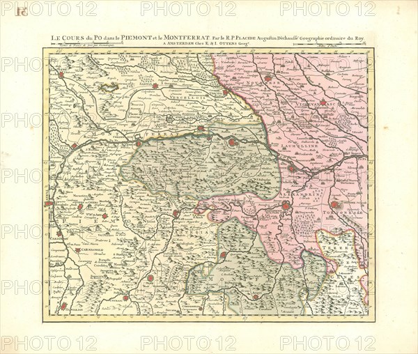 Map, Le cours du Po dans le Piemont et le Montferrat, Placide de Sainte Hélène (1648-1734), Copperplate print