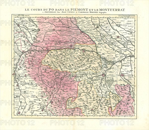 Map, Le cours du Po dans le Piemont et le Montferrat, Copperplate print