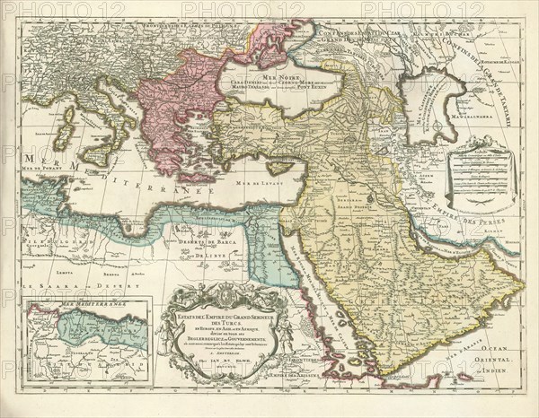 Map, Estats del'empire du grand seigneur des Turcs en Europe, en Asie, et en Afrique, divisé en tous ses Beglerbeglicz, ou Gouvernements où sont aussi remarqués les estats qui luy sont tributaires, Copperplate print