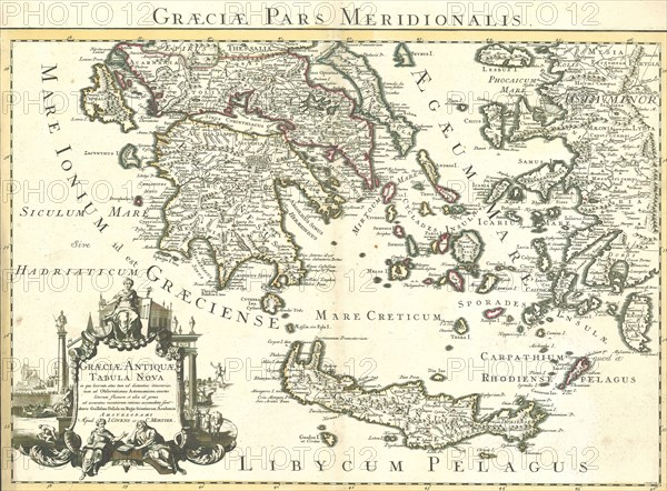 Map, Graeciae antiquae tabula nova in qua locorum situs tum ad distantias itinerarias tum ad observationes astronomicas exactus litorum flexurae et alia id genus ad accuratas recentiorum rationes accomodatae sunt, Guillaume Delisle (1675-1726), Copperplate print