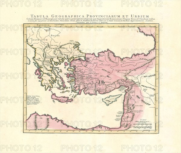 Map, Tabula geographica provinciarum et urbium Colonia Romana vel Municipii jure vel alia quâvis praerogativâ insignium quae imperatorum Romanorum a Trajana Decio ad Claudium vultus in nummis suis expresserunt, Guillaume Delisle (1675-1726), Copperplate print