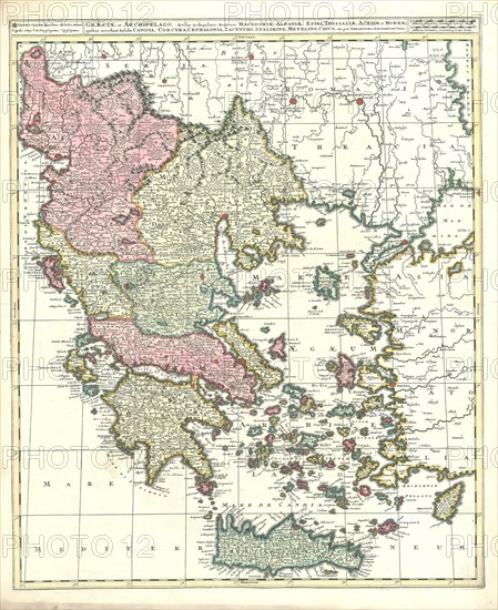 Map, Graeciae et Archipelago divisus in singulares regiones Macedoniae, Albaniae, Epiri, Thessaliae, Achaiae et Moreae, quibus accedunt insulae Candia, Corcyra, Cephalonia, Zacyntho, Stalimine, Metelino, Chius, etc, Copperplate print