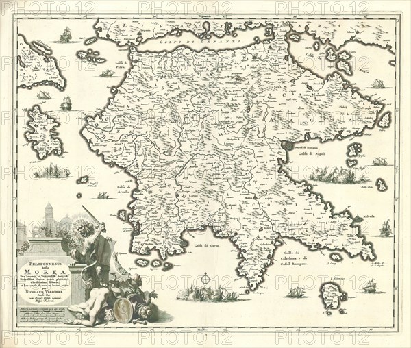 Map, Peloponnesus hodie Morea, Nicolaes Jansz. Visscher (1649-1702), Copperplate print