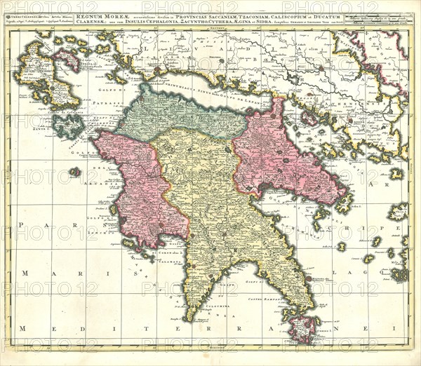 Map, Regnum Moreae accuratissime divisum in provincias Saccaniam, Tzaconiam, Caliscopium et ducatum Clarensae una cum insulis Cephalonia, Zacyntho, Cythera, Aegina et Sidra, Copperplate print