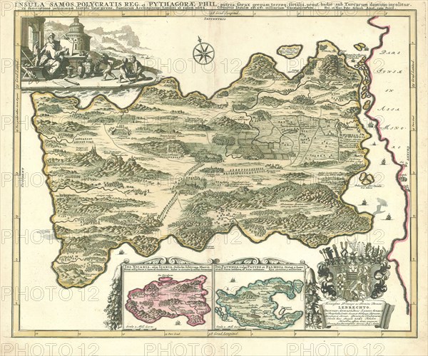 Map, Insula Samos, Polycratis reg. et Pythagorae Phil. patria ... prout hodié sub Turcarum dominio incolitur, ex descriptione ... Josephi Georgirene, Samiorum archiepiscopi, Londini ab eodem editá, Petrus Schenk (1660-1718/9), Copperplate print