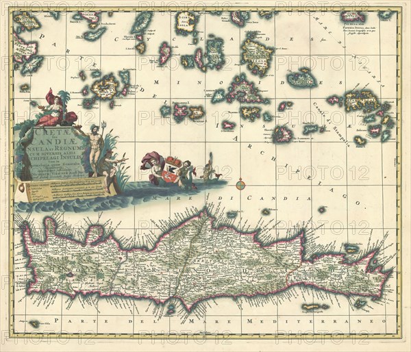 Map, Cretae seu Candiae insula et regnum cum diversis aliis archipelagi insulis tam in particularia quam generalia territoria, Nicolaes Jansz. Visscher (1649-1702), Copperplate print