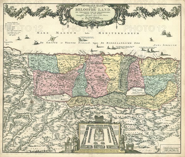 Map, Generaale kaart van het Beloofde Land, tot verlichting voor de geschiedenisse vervat in den Bybel, Copperplate print