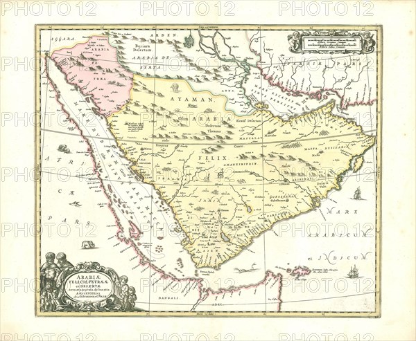 Map, Arabiae Felicis, Petraeae et Desertae nova et accurata delineatio, Copperplate print