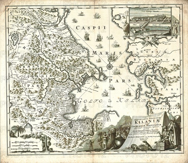 Map, Provinciarum Persicarum Kilaniæ nempe Chirvaniæ Dagestaniæ aliarumque vicinarum regionum partium Nova Geographica Tabula, Adam Olearius (1603-1671), Copperplate print