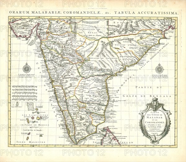 Map, Carte des côtes de Malabar et de Coromandel, Guillaume Delisle (1675-1726), Copperplate print