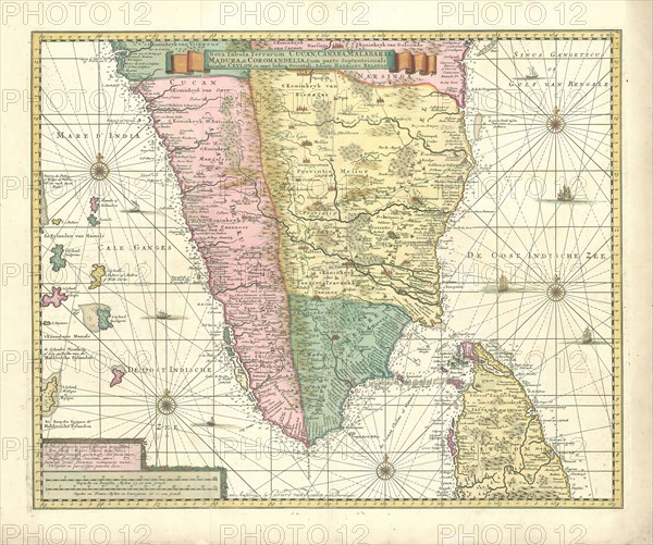 Map, Nova tabula terrarum Cucan, Canara, Malabaria, Madura, & Coromandella, cum parte septentrionali insulae Ceylon, in mari Indico Orientali, Adriaan Reland (1676-1718), Copperplate print
