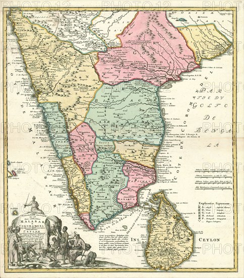 Map, Peninsula Indiae citra Gangem, hoc est Orae celeberrimae Malabar & Coromandel cum adiacente Insula non minus celebratissima Ceylon, Guillaume Delisle (1675-1726), Copperplate print