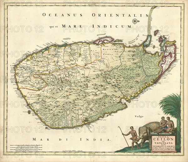 Map, Insula Ceilon olim Taprobana incolis Tenarisin et Lankawn, Nicolaes Jansz. Visscher (1649-1702), Copperplate print
