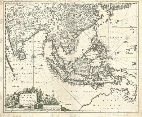 Map, Indiae Orientalis nec non insularum adiacentium nova descriptio, Nicolaes Jansz. Visscher (1649-1702), Copperplate print