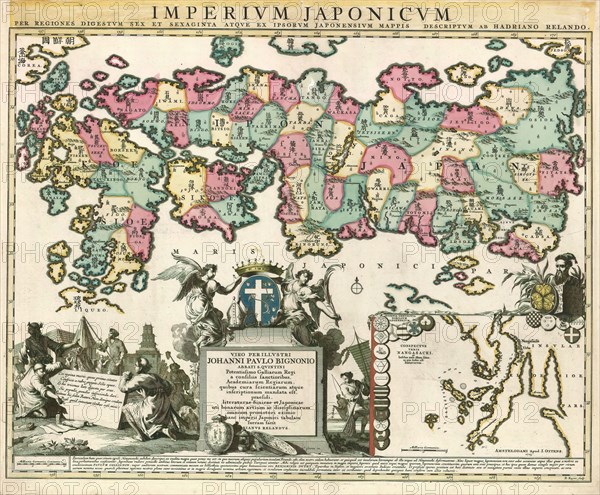 Map, Imperivm Japonicvm per regiones digestvm sex et sexaginta atqve ex ipsorvm Japonensivm mappis, Adriaan Reland (1676-1718), Copperplate print