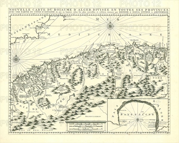 Map, Nouvelle carte du Roiaume d'Alger, divisée en toutes ses provinces, avec une partie du côtes d'Espagne &c., Reinier Ottens (1698-1750), Copperplate print