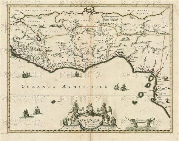 Map, Gvinea, Frederick de Wit (1630-1706), Copperplate print