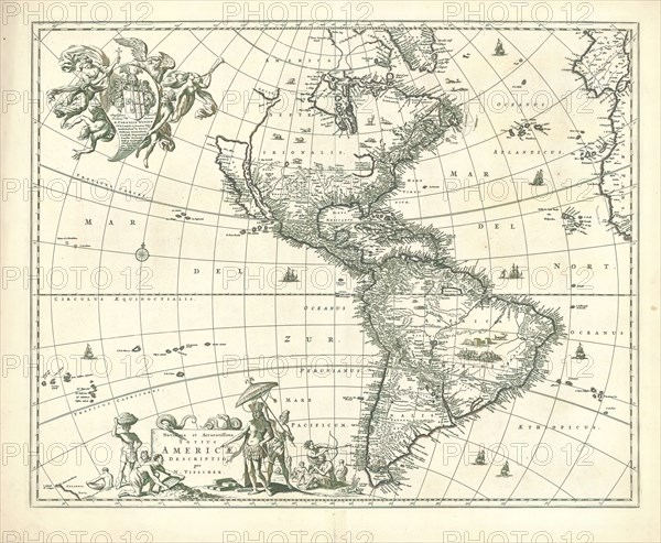 Map, Novissima et accuratissima totius Americæ descriptio, Nicolaes Jansz. Visscher (1649-1702), Copperplate print