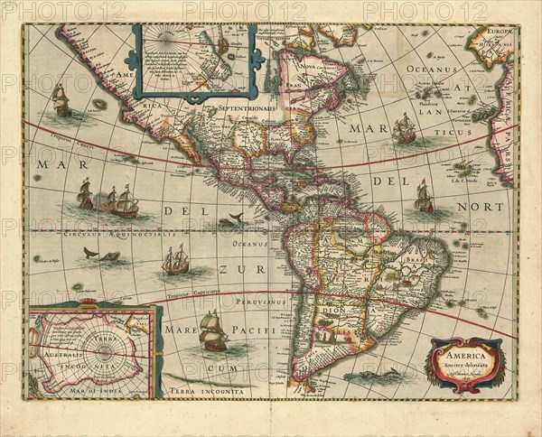 Map, America noviter delineata, Henricus Hondius (1597-1651), Copperplate print