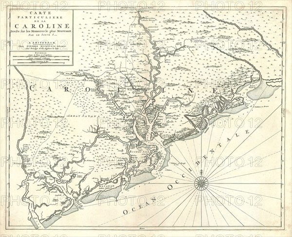Map, Carte particuliere de la Caroline, Copperplate print