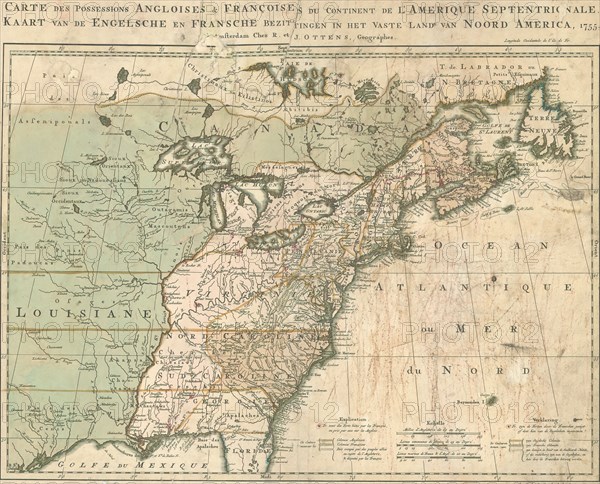 Map, Carte des possessions Angloises & Françoises du continent de l'Amerique septentrionale =, Joachim Ottens (1663-1719), Copperplate print