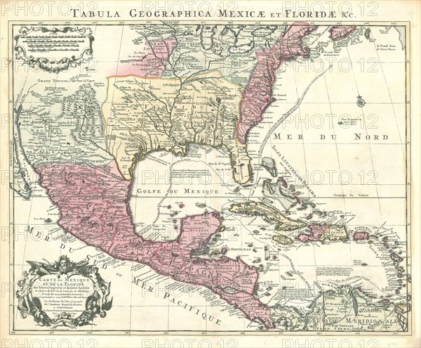 Map, Carte du Mexique et de la Floride des Terres Angloises et des Isles Antilles du cours et des environs de la riviere de Mississipi, Guillaume Delisle (1675-1726), Copperplate print
