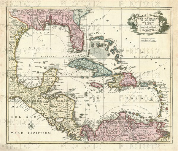 Map, De Golf van Mexico, de eilanden en het omleggende land, Copperplate print