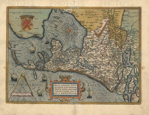 Map, Hollandiae antiqvorvm Catthorvm sedis nova descriptio, Jacob van Deventer (c. 1505-1575), Copperplate print