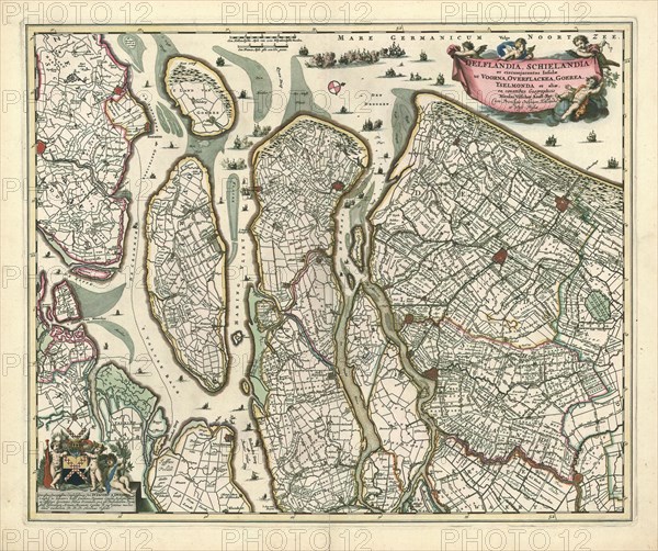 Map, Delflandia, Schielandia et circumjacentes insulae ut Voorna, Overflackea, Goerea, Yselmonda et aliae, Nicolaes Jansz. Visscher (1649-1702), Copperplate print