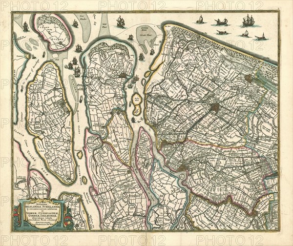 Map, Novissima Delflandiae, Schielandiae et circumiacentium insularum ut Voornae, Overflackeae, Goereae, Iselmondae aliarumque tabula, Balthasar Florisz. van Berckenrode (c. 1591-1646), Copperplate print