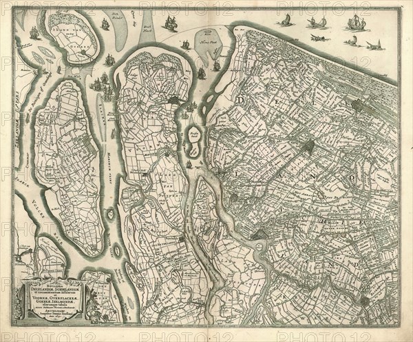 Map, Novissima Delflandiae, Schielandiae et circumiacentium insularum ut Voornae, Overflackeae, Goereae, Iselmondae aliarumque tabula, Balthasar Florisz. van Berckenrode (c. 1591-1646), Copperplate print