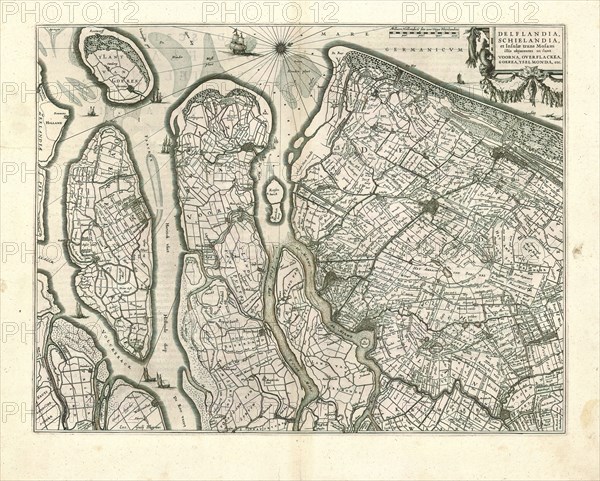 Map, Delflandia, Schielandia, et insulae trans Mosam illis objacentes ut sunt Voorna, Overflackea, Goerea, Yselmonda, etc., Willem Jansz Blaeu (1571-1638), Copperplate print
