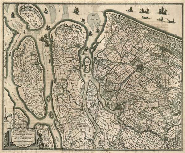 Map, Novissima Delflandiae, Schielandiae et circumiacentium insularum ut Voornae, Overflackeae, Goereae, Iselmondae aliarumque tabula, Balthasar Florisz. van Berckenrode (c. 1591-1646), Copperplate print