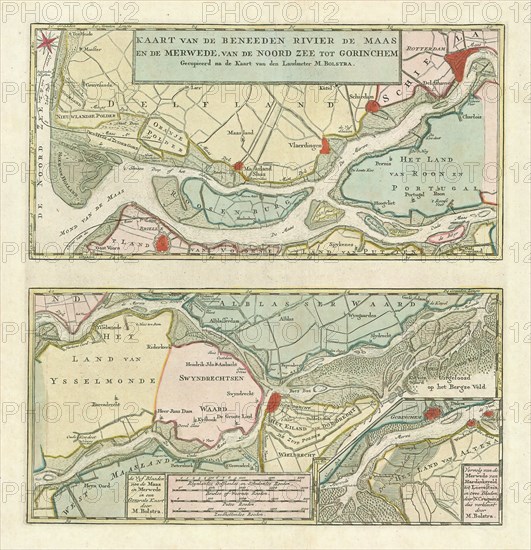 Map, Kaart van de Beneeden rivier de Maas en de Merwede, van de Noord Zee tot Gorinchem, Melchior Bolstra (1704-1779), Copperplate print