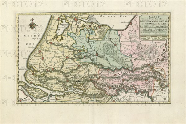Map, Kaart van den loop der rivieren de Rhijn, de Maas, de Waal, de Merwe, en de Lek, door de provincien van Gelderland, Holland en Utrecht, Cornelis Velsen (1728-1749 fl.), Copperplate print