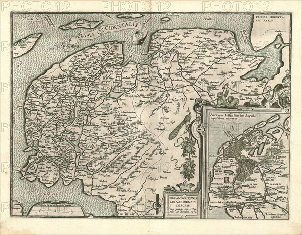 Map, Frisia Occidentalis, Sibrandus Leo (-1588), Copperplate print