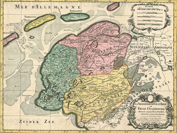 Map, La Seignevrie d'Ovest-Frise ou Frise Occidentale, divisée en ses trois parties, subdivisées en leurs Iurisdictions, Guillaume Sanson (-1703), Copperplate print