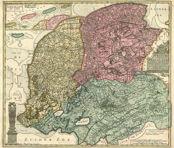 Map, Frisiae Dominium vernaculè Friesland, verdeeld in de Hoofd-deelen van Oostergoo, Westergoo en Sevenwolden. Als ook der XI steden zynde noch onderscheiden de XXX Grieten?en, François Halma (1653-1722), Copperplate print