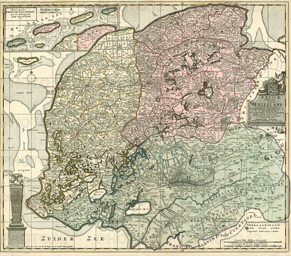Map, Frisiae Dominium vernacule Friesland verdeeld in de Hoofd-deelen van Oostergoo, Westergoo en Sevenwolden als ook de 11 Steden zynde noch onderschyden in XXX Grieteneyn, na de nieuste afmeetingen geteekend, uyt gegeeven door François Halma, François Halma (1653-1722), Copperplate print