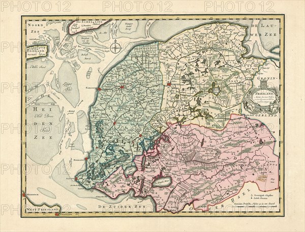 Map, Friesland, met de Zee ten Westen in haar Stroomen en Zanden, nooit dus uitgegeeven, F. Ottens, Copperplate print