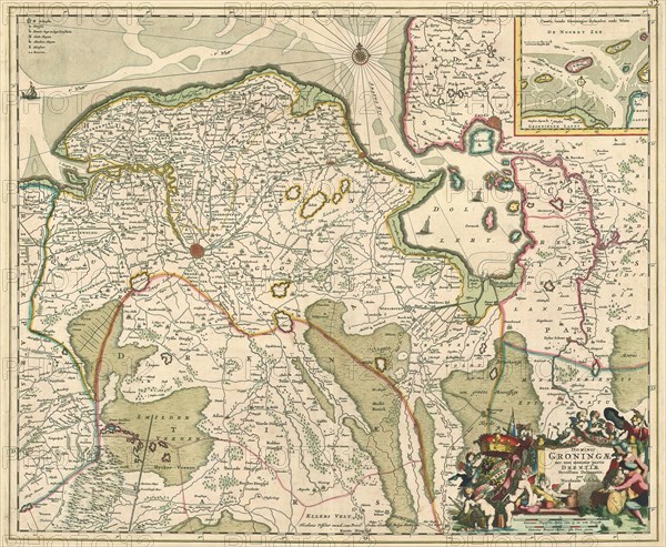 Map, Dominii Groningae nec non maximae partis Drentiae novissima delineatio, Nicolaes Jansz. Visscher (1649-1702), Copperplate print