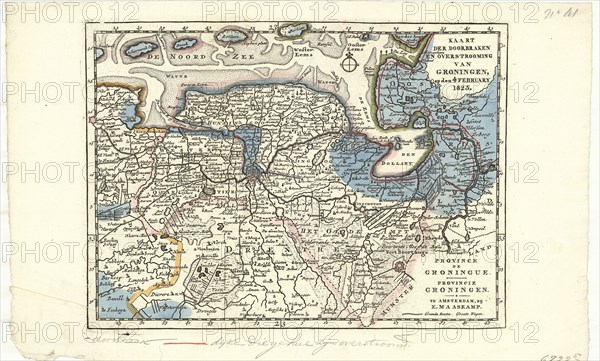 Map, Kaart der doorbraken en overstrooming van Groningen op den 4 February 1825, E. Maaskamp (1769-1834), Copperplate print