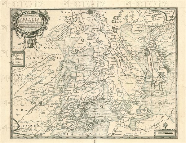 Map, Illustribus ac potentibus comitatus Drentiae D.D. Statoribus ... Reflorescentis Provinciae et Westerwoldiae Dominii Typum Emendatum LMQ dedicat Cornelius P?nacker 1634, Cornelis van Pijnacker (1570-1645), Copperplate print