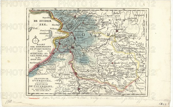 Map, Kaart der doorbraken en overstroming van Overysel en Gelderland op den 4 feb.y 1825, Copperplate print
